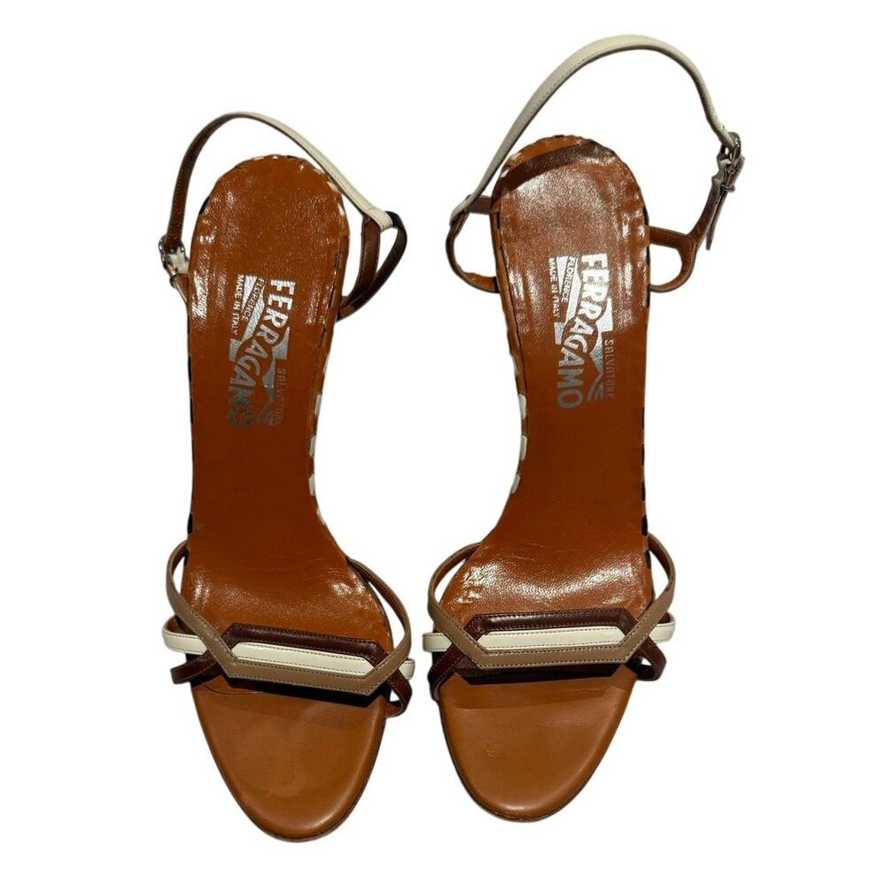 Salvatore Ferragamo T-Strap Leather Sandal Heels Tan 9 B